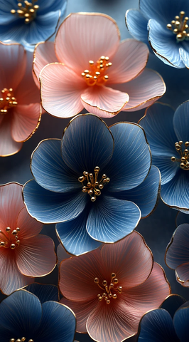 蓝粉绿金色花朵