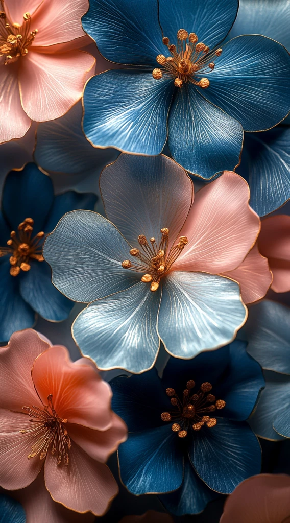 蓝粉绿金色花朵