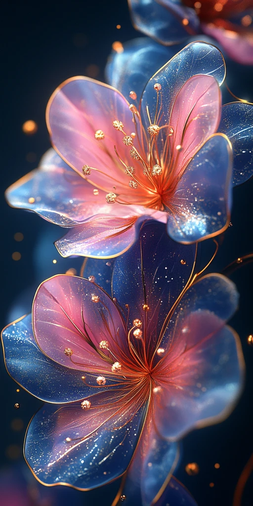 粉紫花金纹蓝背景