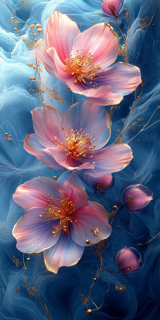 粉紫花金纹蓝背景