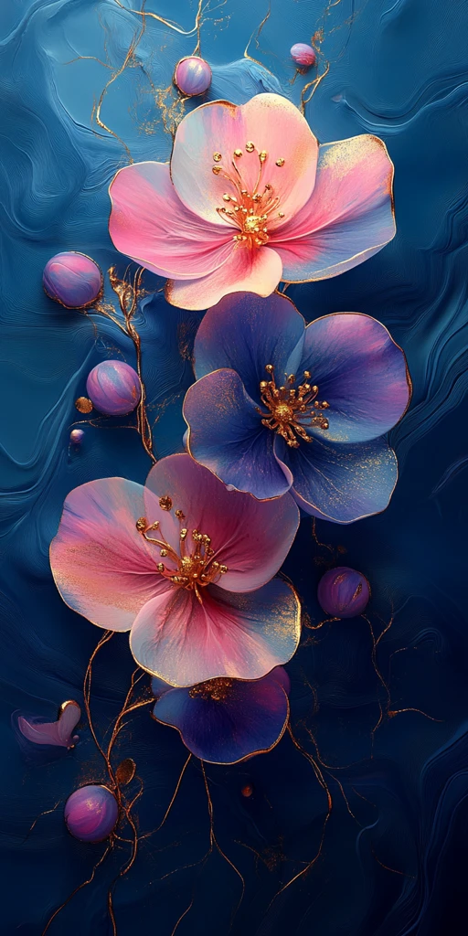 粉紫花金纹蓝背景