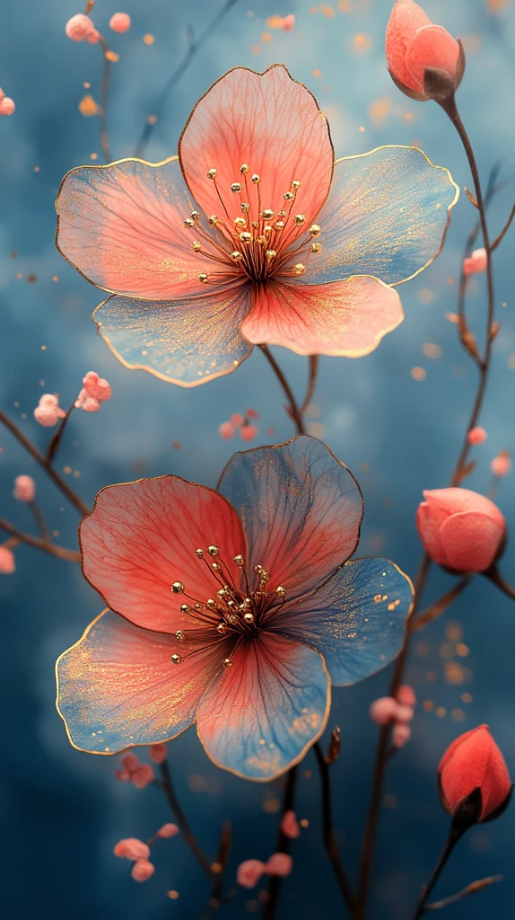 蓝粉花水彩金背景