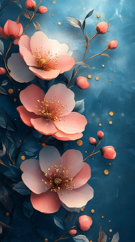 蓝粉花水彩金背景