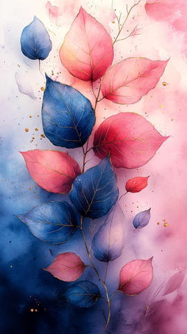粉蓝叶水彩画