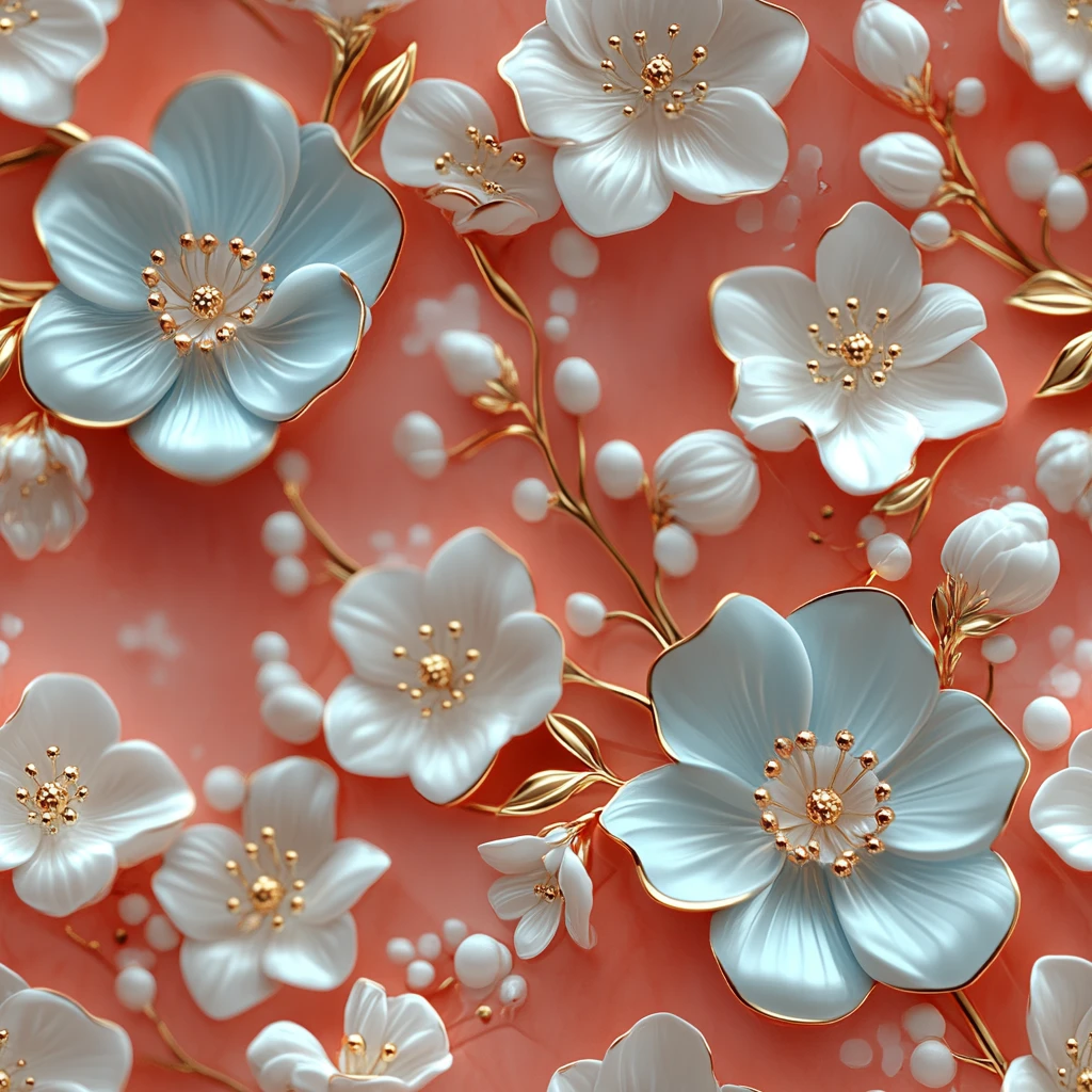 蓝粉白花红底浮雕