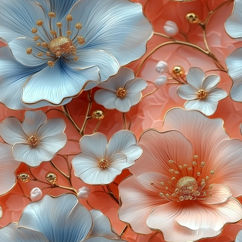 蓝粉白花红底浮雕