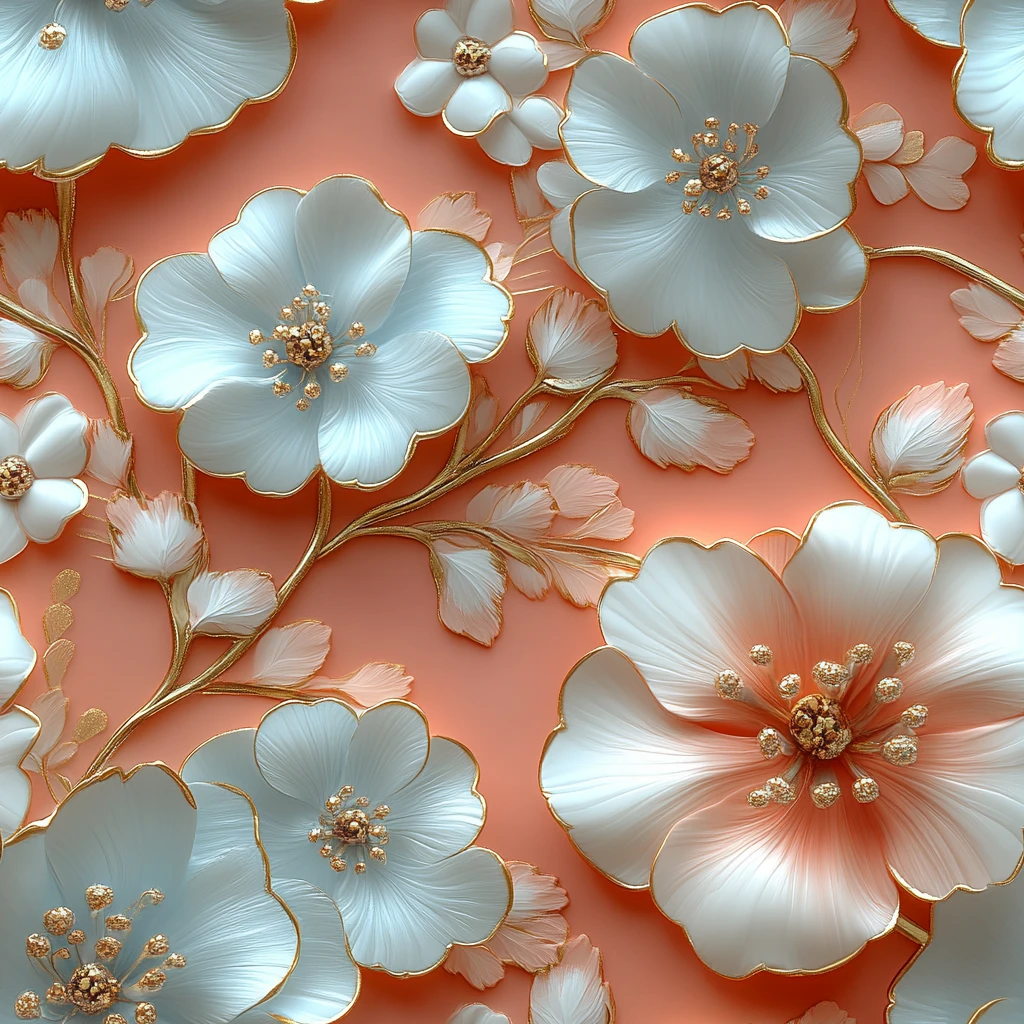 蓝粉白花红底浮雕