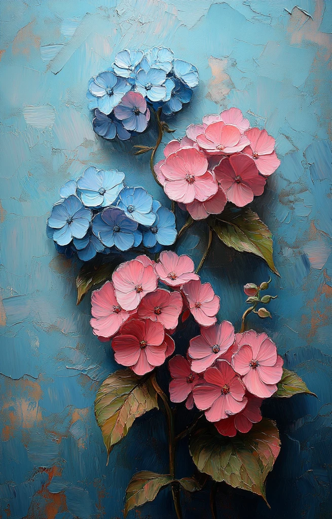 粉色蓝色花朵油画