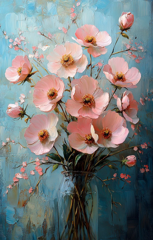 粉色蓝色花朵油画