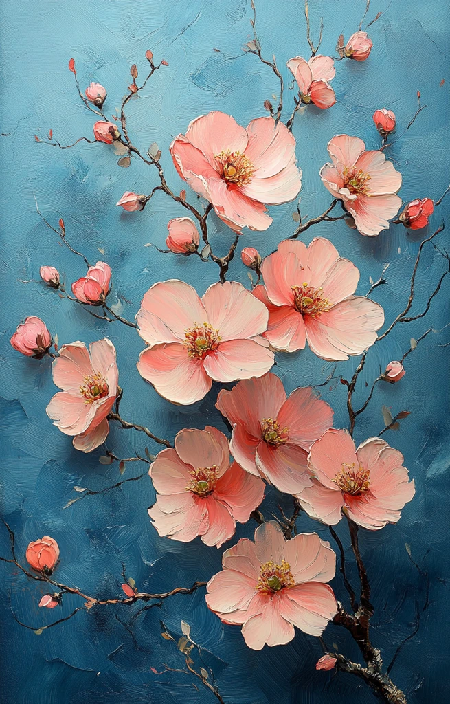 粉色蓝色花朵油画