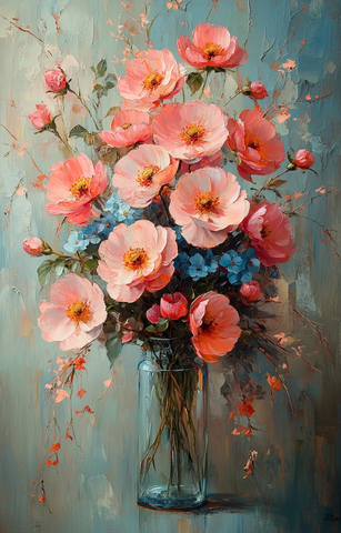 粉色蓝色花朵油画