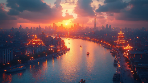 城市滨水夜景灯光璀璨的俯瞰视角