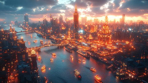 城市滨水夜景灯光璀璨的俯瞰视角