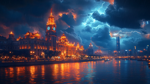 乌云闪电下的宏伟钟楼建筑夜景