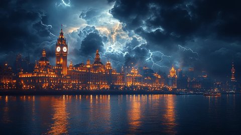 乌云闪电下的宏伟钟楼建筑夜景