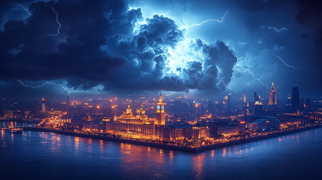 乌云闪电下的宏伟钟楼建筑夜景