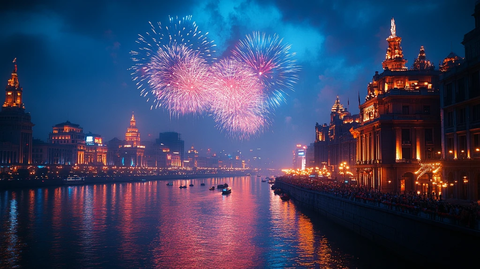 城市夜景下人群观赏绚丽烟花秀