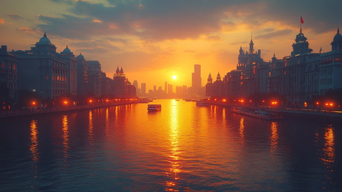 夕阳下的城市河流及沿岸建筑景观