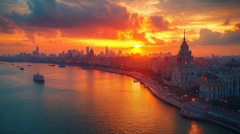 夕阳下的城市河流及沿岸建筑景观
