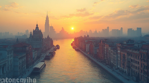 夕阳下的城市河流及沿岸建筑景观