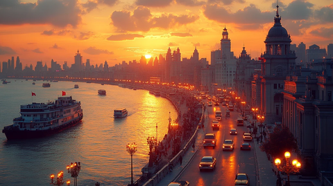 夕阳下的城市河流及沿岸建筑景观