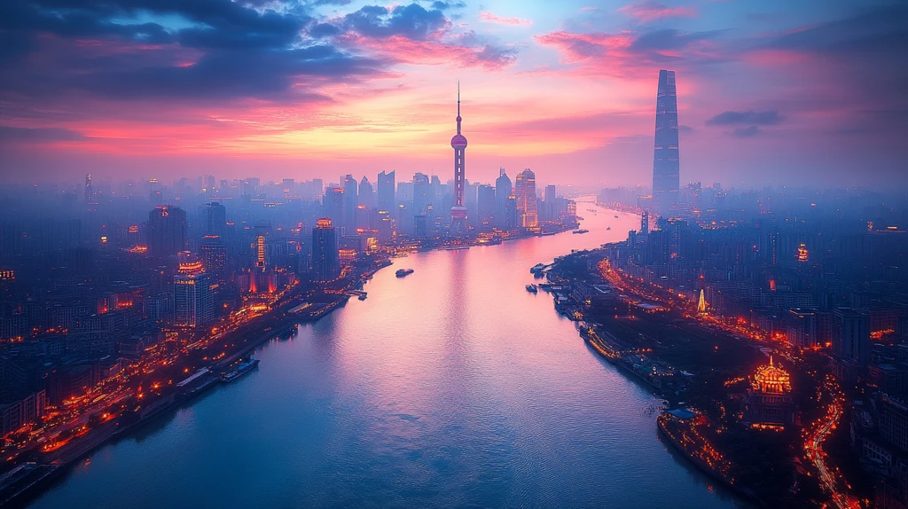 暮色下城市中交错铁轨的夜景