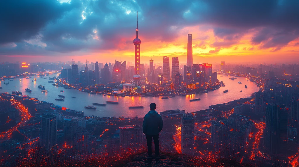 暮色下城市中交错铁轨的夜景