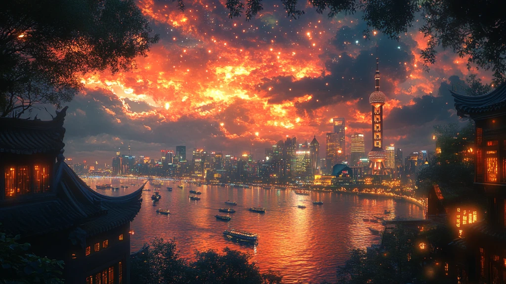 东方明珠下的城市夜景星空倒影交相辉映