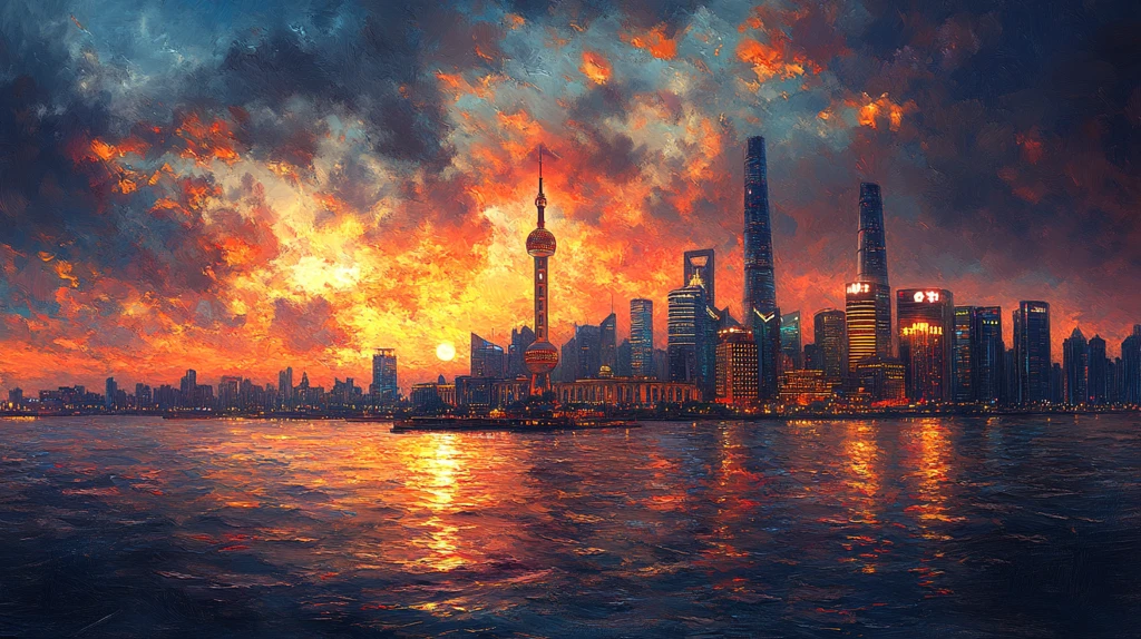 东方明珠下的城市夜景星空倒影交相辉映