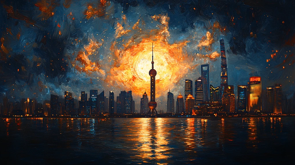 东方明珠下的城市夜景星空倒影交相辉映