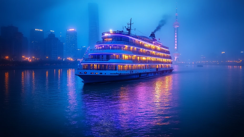 城市夜景中航行的豪华游轮