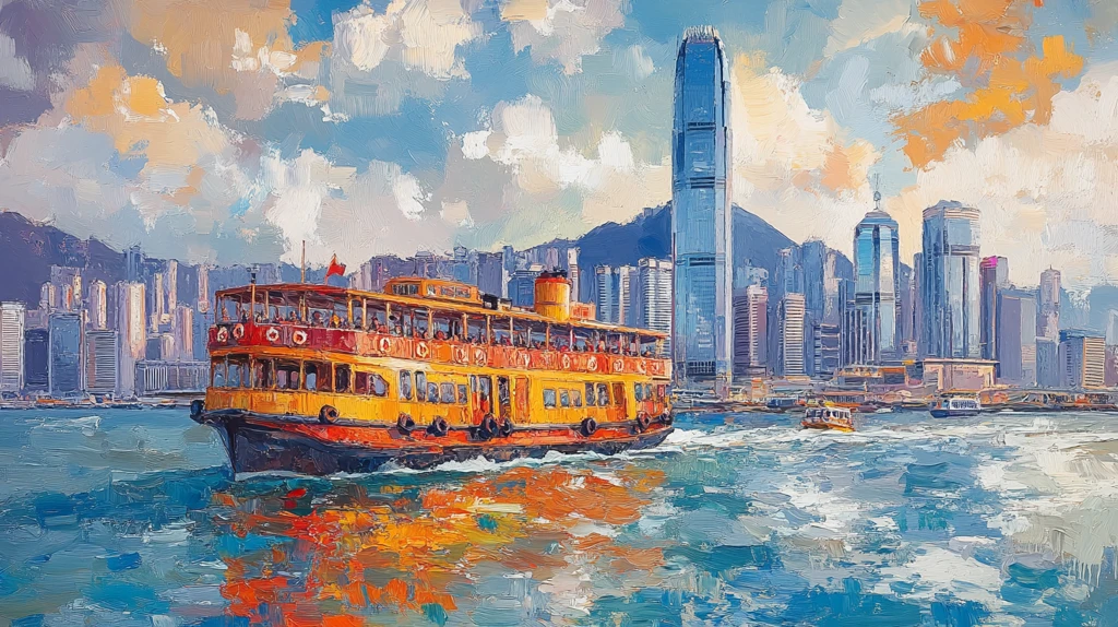 城市中行驶在水面上的观光船