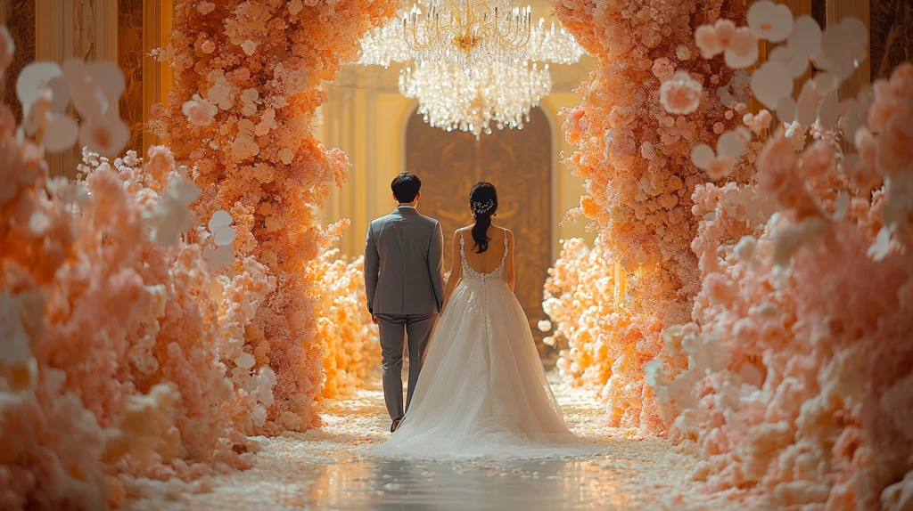 新娘新郎步入豪华酒店婚礼厅