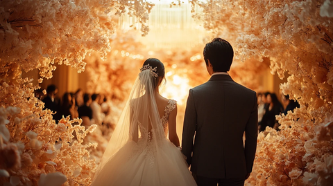 新娘新郎步入豪华酒店婚礼厅