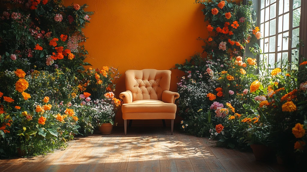 橙色背景花卉植物扶手椅