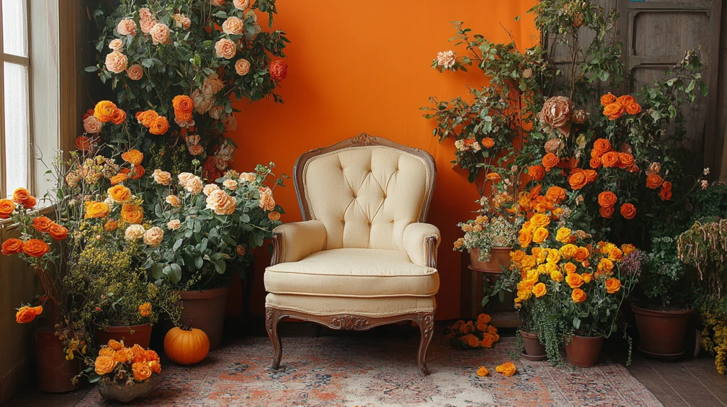 橙色背景花卉植物扶手椅