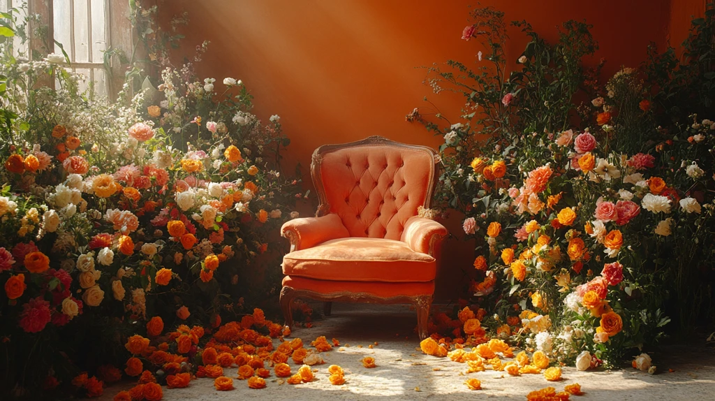 橙色背景花卉植物扶手椅