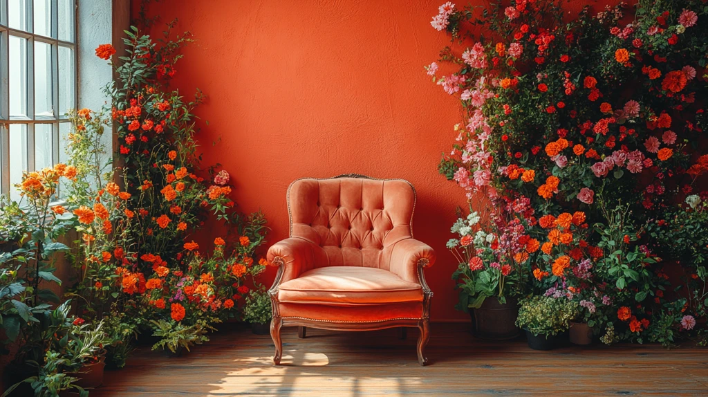橙色背景花卉植物扶手椅