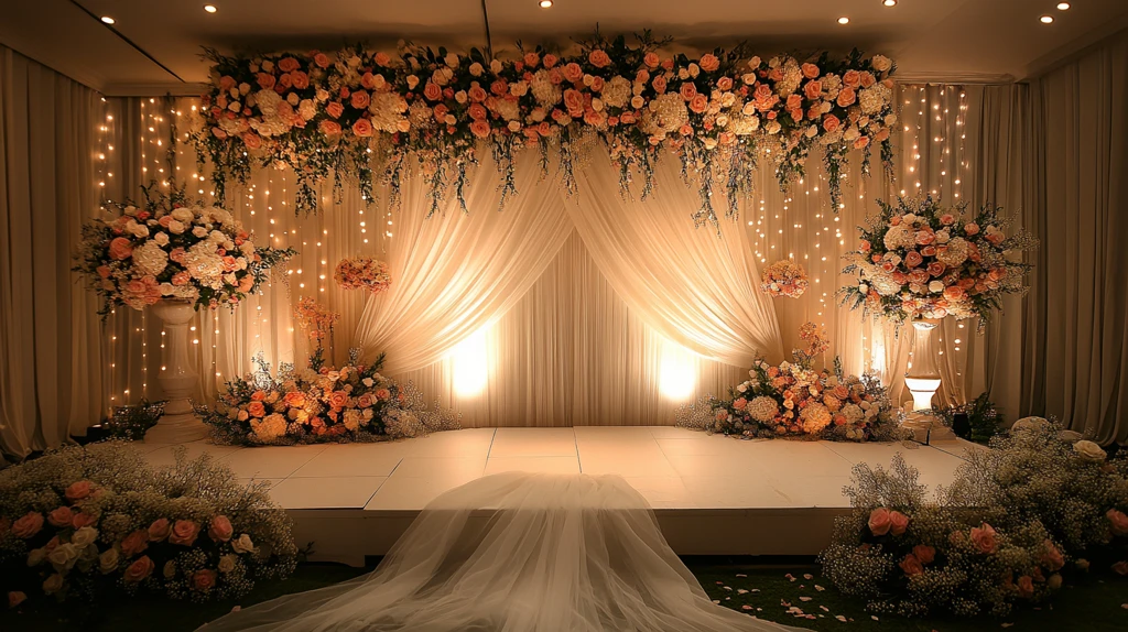 婚礼舞台背景白幕花饰灯光