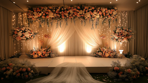 婚礼舞台背景白幕花饰灯光