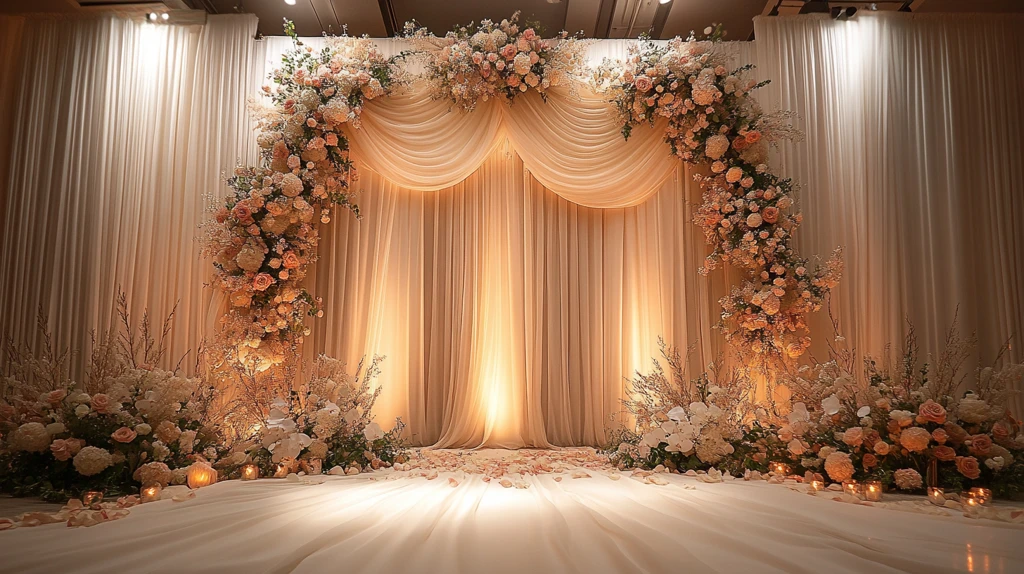 婚礼舞台背景白幕花饰灯光
