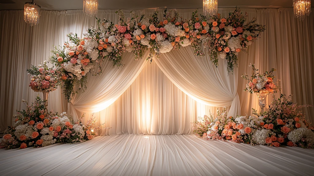 婚礼舞台背景白幕花饰灯光