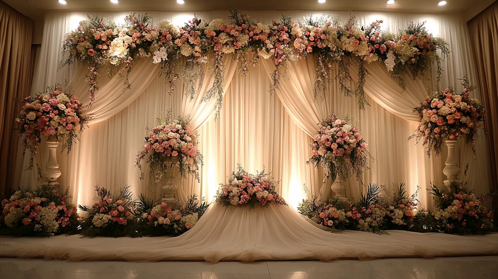 婚礼舞台背景白幕花饰灯光
