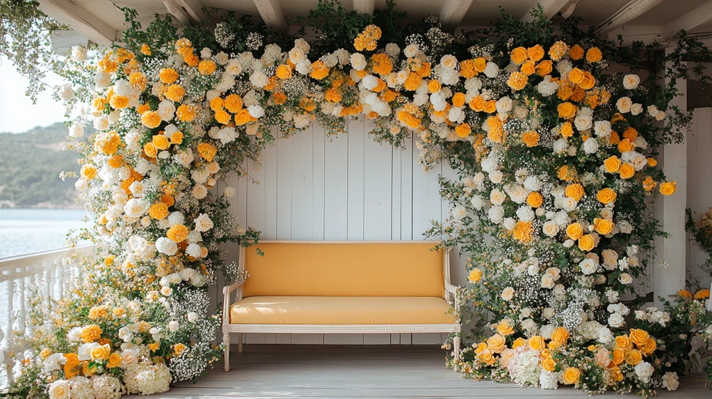 黄色白色花拱门与长椅