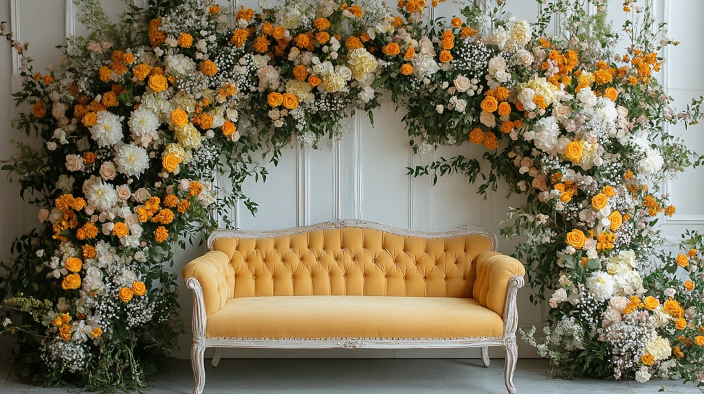 黄色白色花拱门与长椅