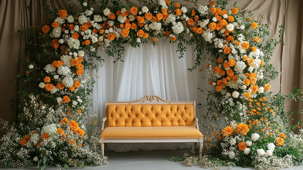 黄色白色花拱门与长椅