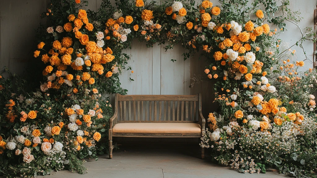 黄色白色花拱门与长椅