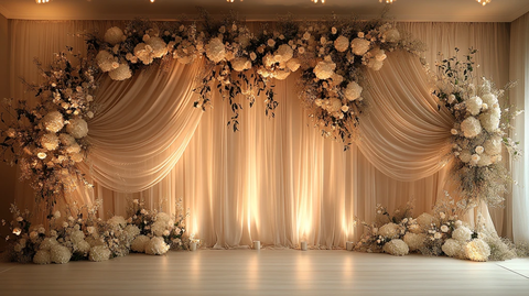 婚礼舞台背景奶油亚麻白花