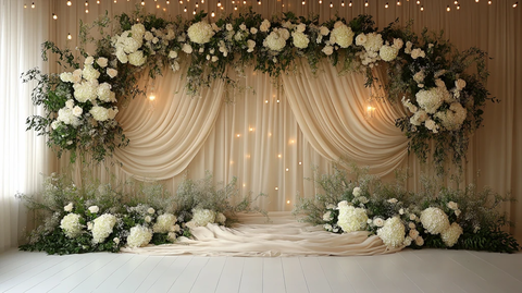 婚礼舞台背景奶油亚麻白花
