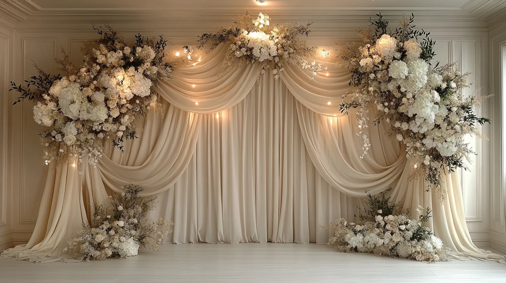 婚礼舞台背景奶油亚麻白花